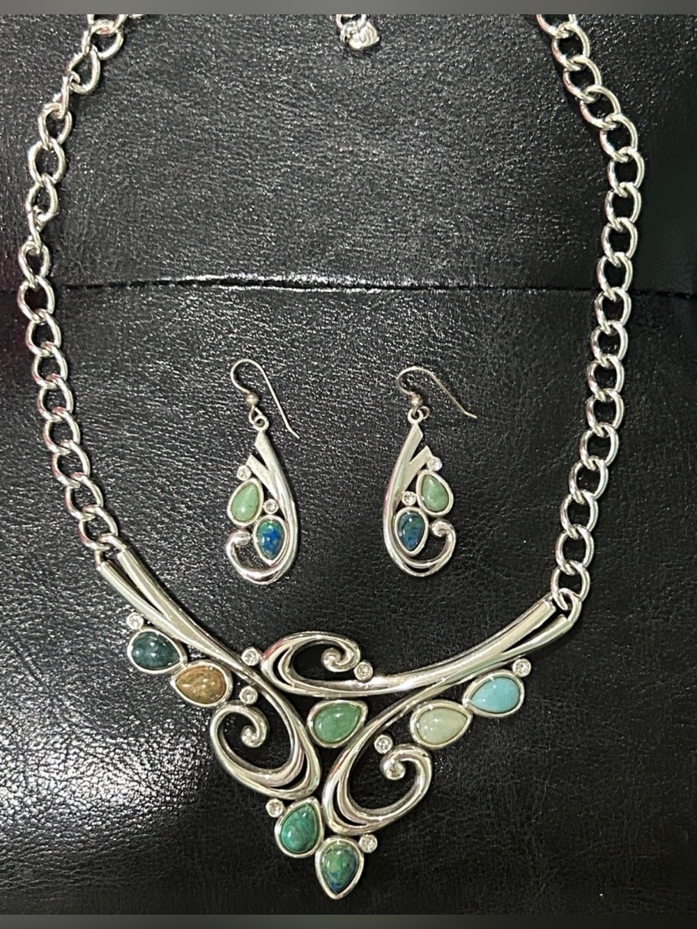 🩵 RARE BRIGHTON VTG SLVR Multi-Stone Swirl Necklace & Earring Set!